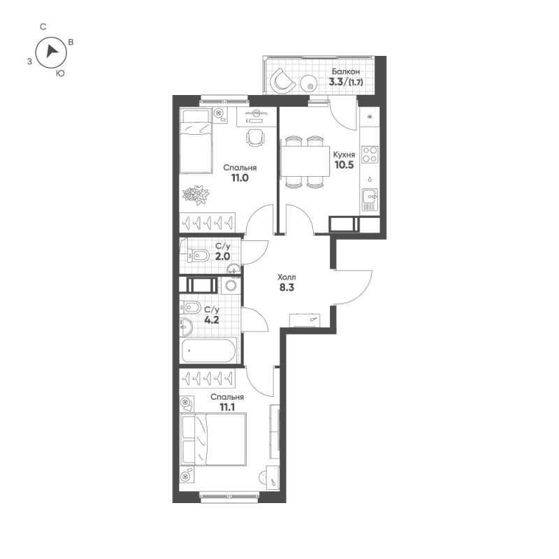 2-комнатная квартира, 48.8 м² - планировка, фото №1