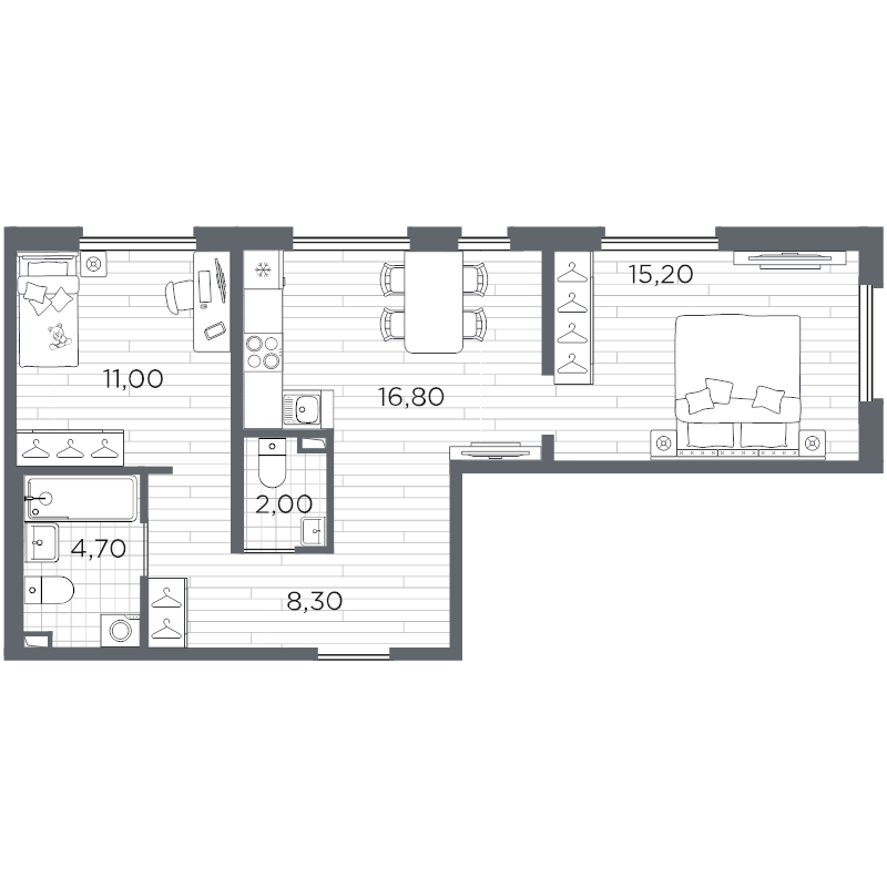 3-комнатная (Евро) квартира, 59 м² в ЖК "Плюс Пулковский" - планировка, фото №1