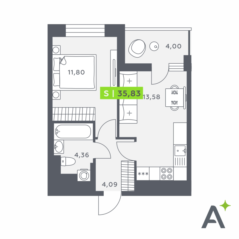 1-комнатная квартира, 35.83 м² в ЖК "Аквилон Верба" - планировка, фото №1
