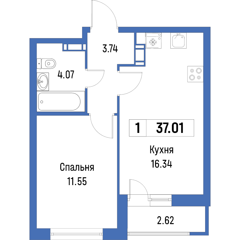 2-комнатная (Евро) квартира, 37.01 м² в ЖК "Урбанист" - планировка, фото №1