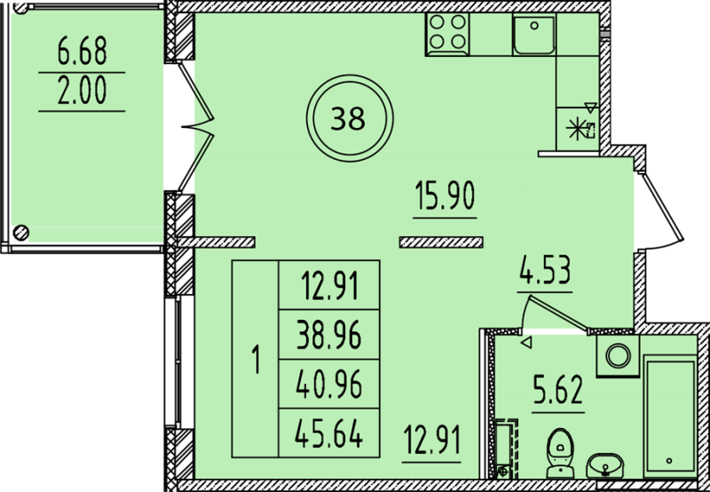 2-комнатная (Евро) квартира, 38.96 м² в ЖК "Образцовый квартал 14" - планировка, фото №1