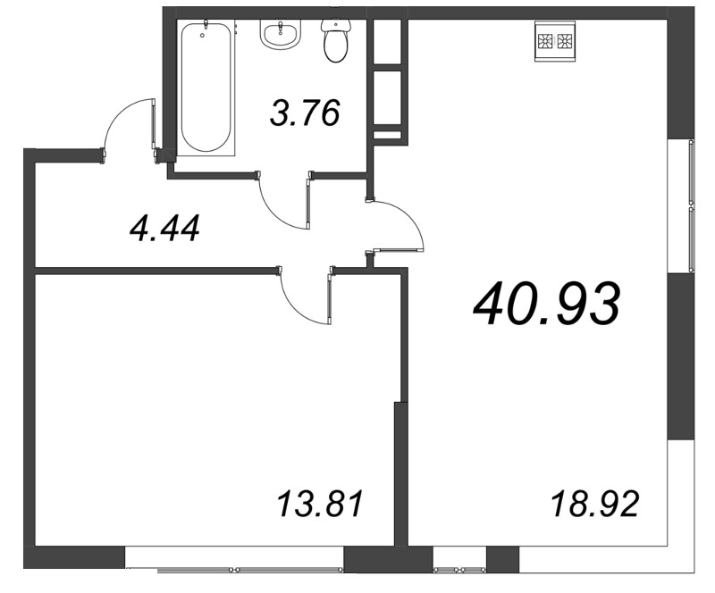 2-комнатная (Евро) квартира, 40.93 м² - планировка, фото №1