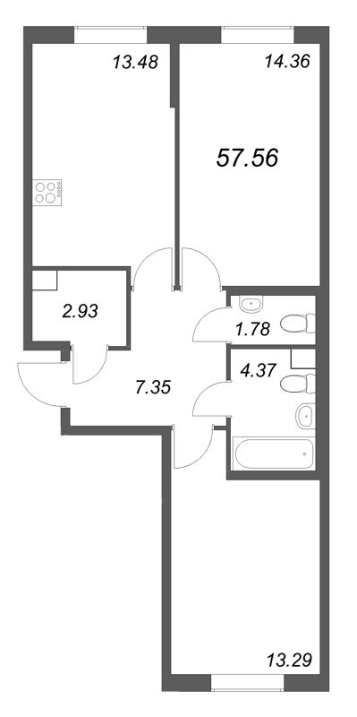 2-комнатная квартира, 57.56 м² в ЖК "Кинопарк" - планировка, фото №1