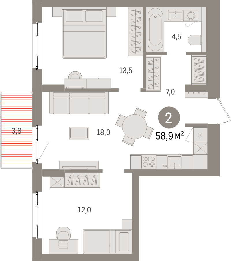 3-комнатная (Евро) квартира, 58.9 м² в ЖК "Брусника в Новоселье" - планировка, фото №1
