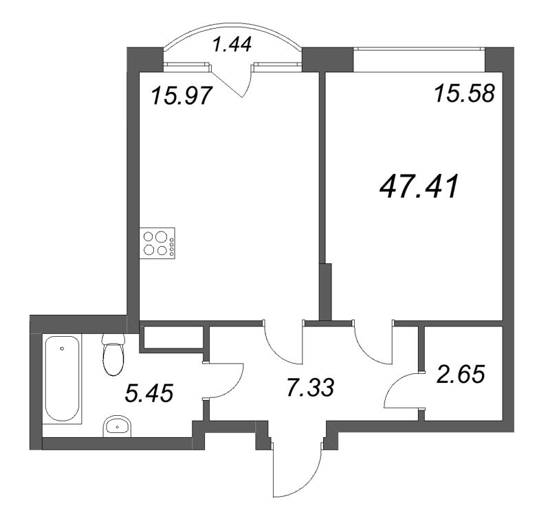 2-комнатная (Евро) квартира, 47.41 м² в ЖК "MONODOM-ART" - планировка, фото №1