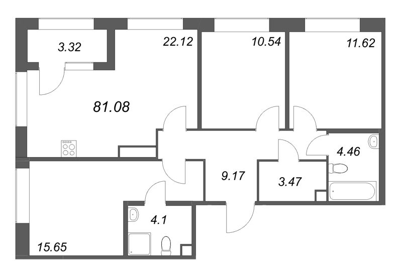 4-комнатная (Евро) квартира, 81.08 м² в ЖК "Дом на Курской" - планировка, фото №1