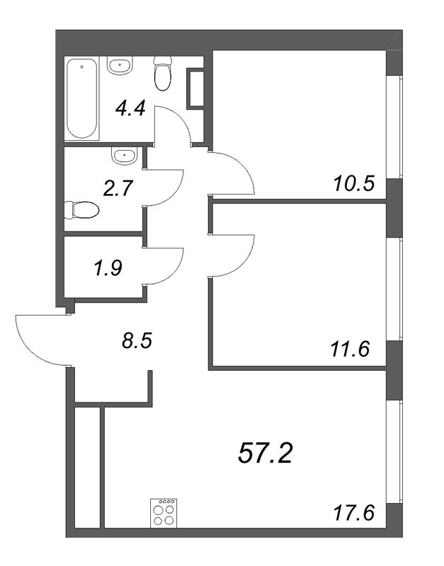 3-комнатная (Евро) квартира, 57.2 м² в ЖК "Гений" - планировка, фото №1