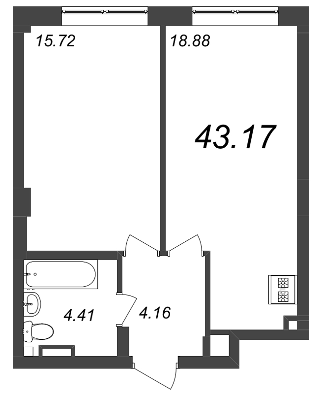 2-комнатная (Евро) квартира, 43.17 м² - планировка, фото №1