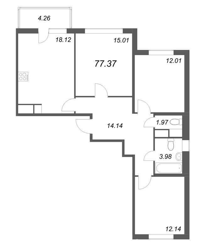 4-комнатная (Евро) квартира, 77.37 м² - планировка, фото №1