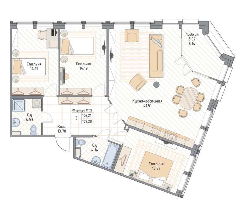 4-комнатная (Евро) квартира, 109.28 м² в ЖК "Квадрия" - планировка, фото №1