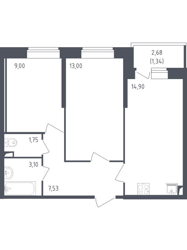 2-комнатная квартира, 50.62 м² - планировка, фото №1