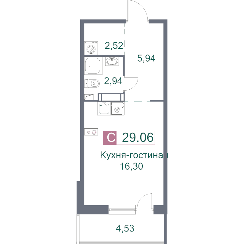 Квартира-студия, 29.06 м² в ЖК "Фотограф" - планировка, фото №1