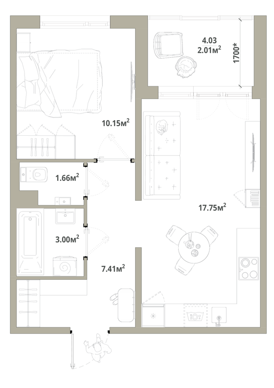 2-комнатная (Евро) квартира, 41.99 м² в ЖК "Тишин" - планировка, фото №1