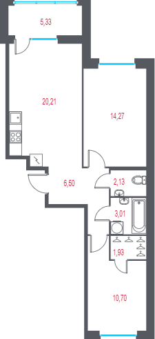 3-комнатная (Евро) квартира, 60.35 м² в ЖК "Город-спутник Южный" - планировка, фото №1