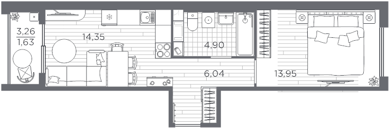 2-комнатная (Евро) квартира, 40.87 м² в ЖК "PLUS Пулковский" - планировка, фото №1