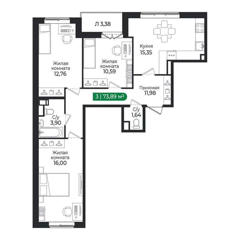 4-комнатная (Евро) квартира, 73.89 м² в ЖК "Сертолово Парк" - планировка, фото №1