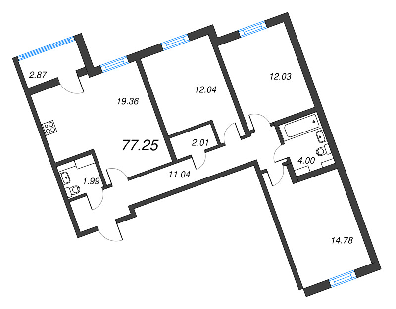 4-комнатная (Евро) квартира, 77.25 м² - планировка, фото №1