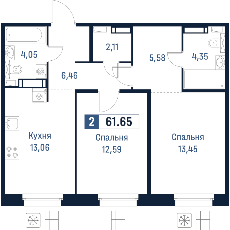 2-комнатная квартира, 61.65 м² в ЖК "Максималист" - планировка, фото №1