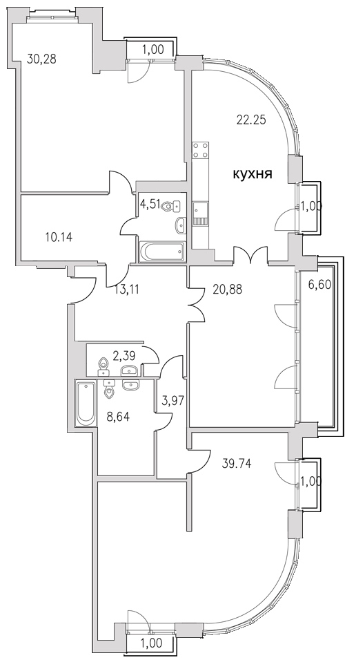 3-комнатная квартира, 156.5 м² - планировка, фото №1