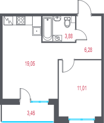 2-комнатная (Евро) квартира, 41.95 м² в ЖК "Город-спутник Южный" - планировка, фото №1