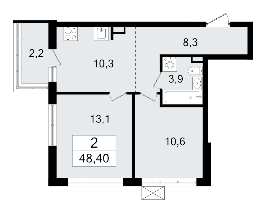 2-комнатная квартира, 48.4 м² в ЖК "А101 Всеволожск" - планировка, фото №1
