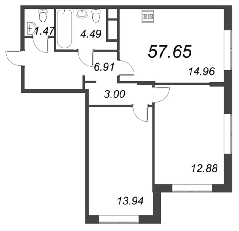 3-комнатная (Евро) квартира, 57.65 м² в ЖК "VEREN NORT сертолово" - планировка, фото №1