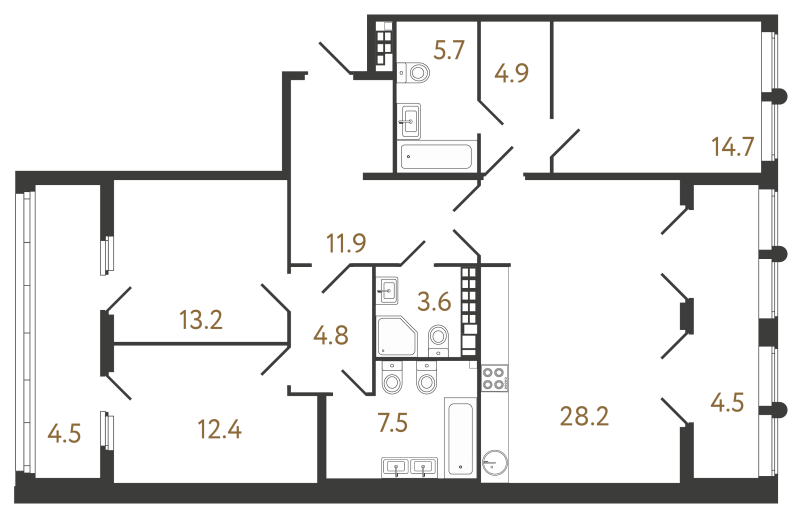 4-комнатная (Евро) квартира, 106.9 м² в ЖК "МИРЪ" - планировка, фото №1