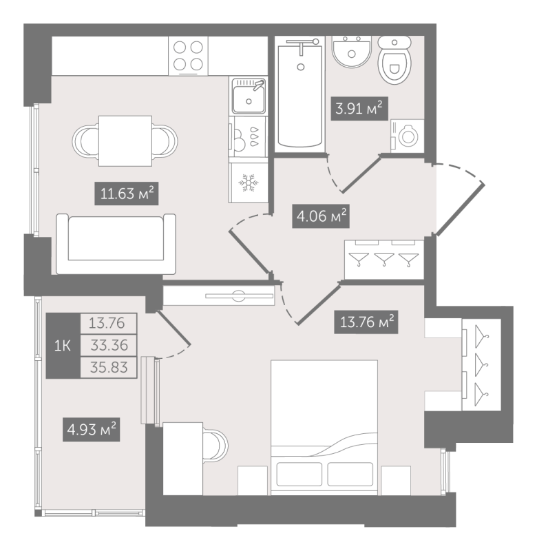 1-комнатная квартира, 35.83 м² в ЖК "N8" - планировка, фото №1