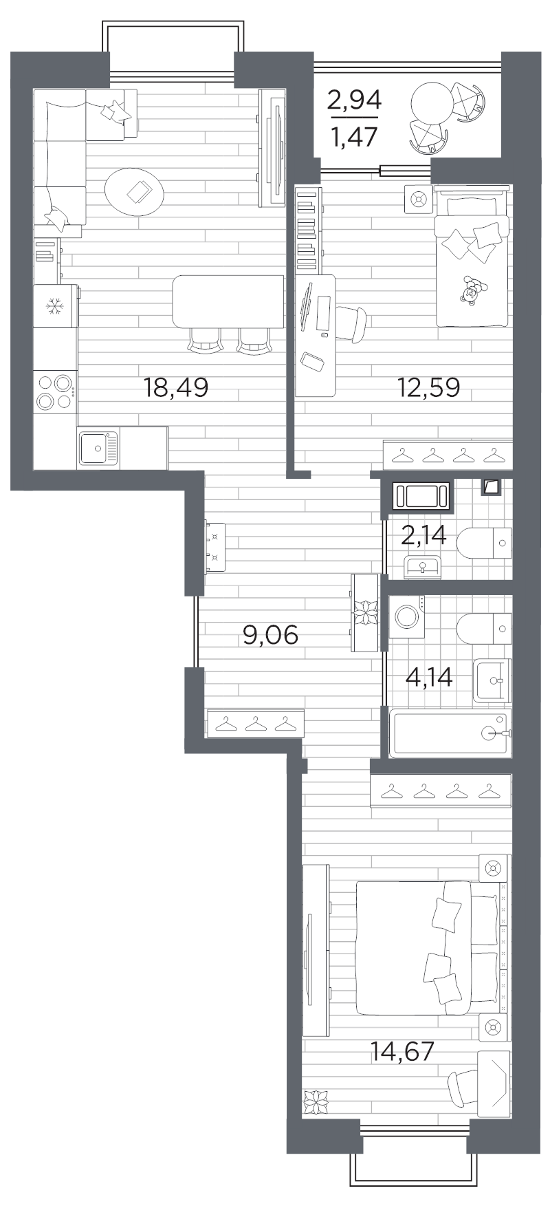 3-комнатная (Евро) квартира, 62.56 м² в ЖК "Respect" - планировка, фото №1