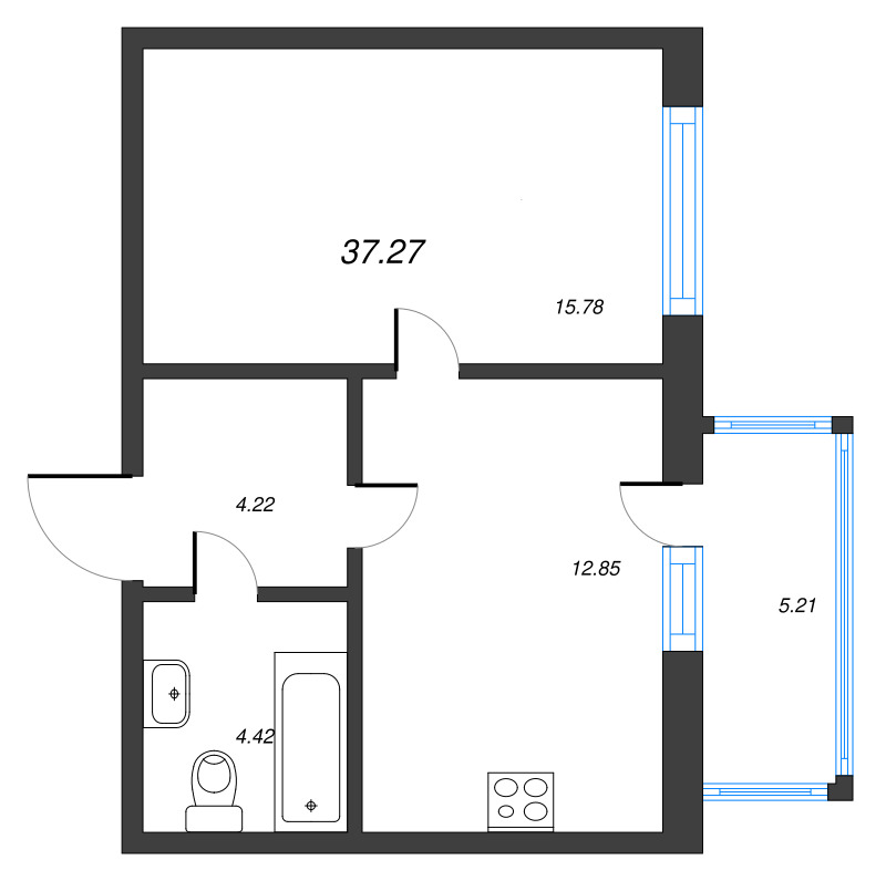 1-комнатная квартира, 37.27 м² - планировка, фото №1