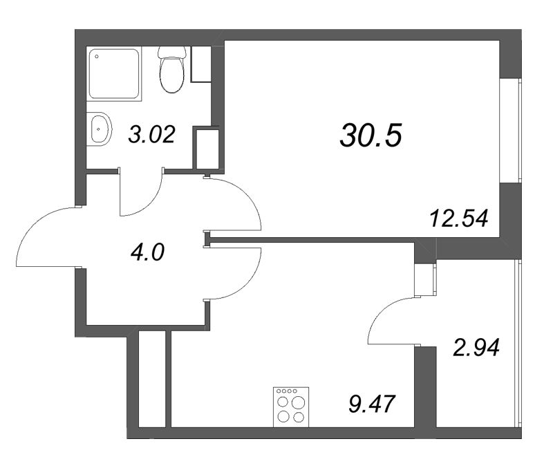1-комнатная квартира, 30.5 м² в ЖК "Кинопарк" - планировка, фото №1