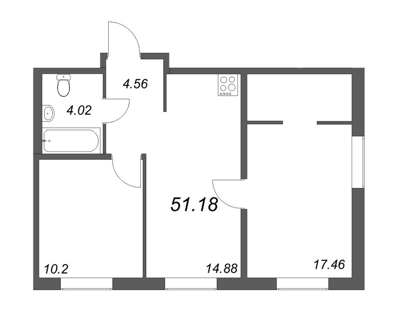 2-комнатная квартира, 51.18 м² - планировка, фото №1