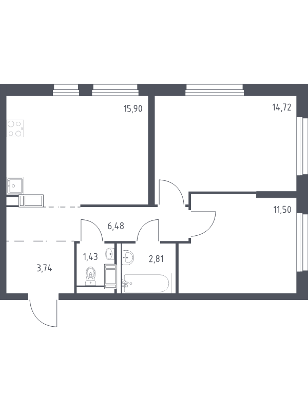 3-комнатная (Евро) квартира, 56.58 м² в ЖК "Квартал Торики" - планировка, фото №1