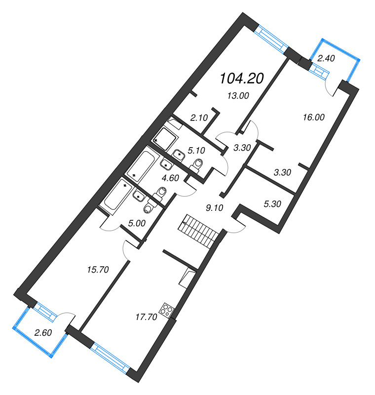 4-комнатная (Евро) квартира, 100.2 м² в ЖК "Цвет Зеленогорска" - планировка, фото №2