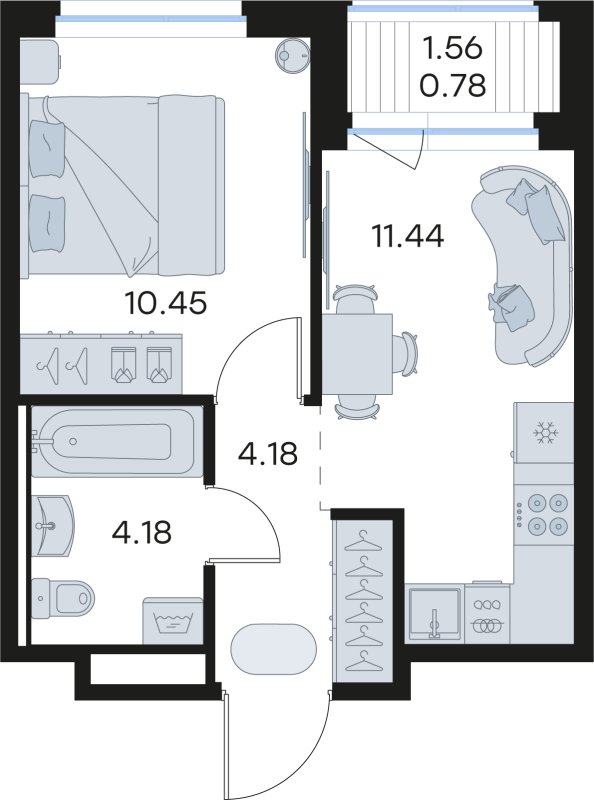 1-комнатная квартира, 31.03 м² в ЖК "GloraX Новоселье" - планировка, фото №1
