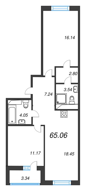 3-комнатная (Евро) квартира, 65.06 м² в ЖК "Энфилд" - планировка, фото №1