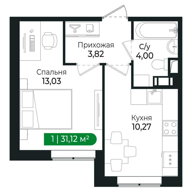 1-комнатная квартира, 30.8 м² в ЖК "Сертолово Парк" - планировка, фото №1
