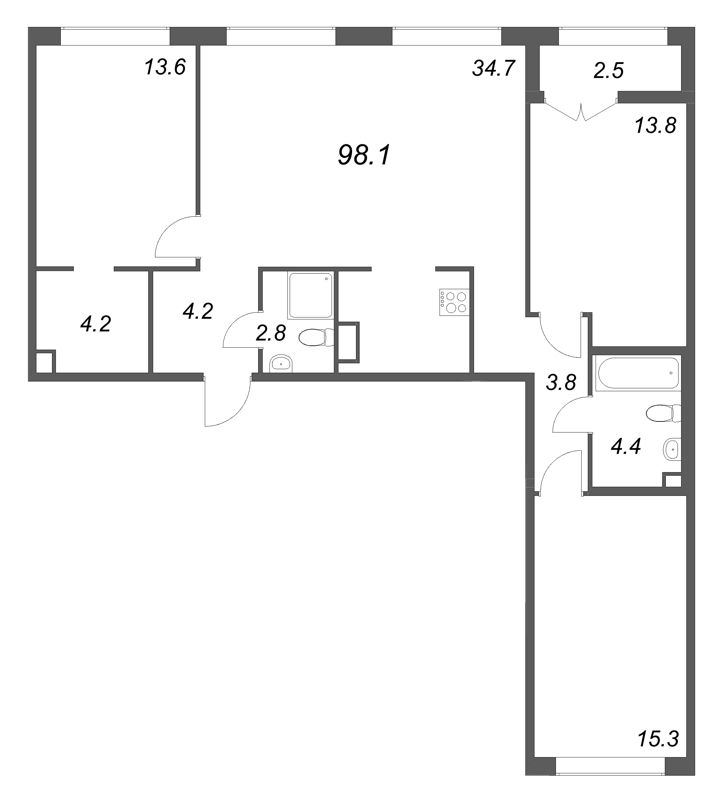 4-комнатная (Евро) квартира, 98.1 м² в ЖК "Кронунг ЮГ" - планировка, фото №1