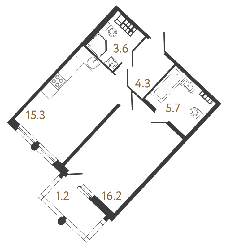 2-комнатная (Евро) квартира, 45.1 м² - планировка, фото №1