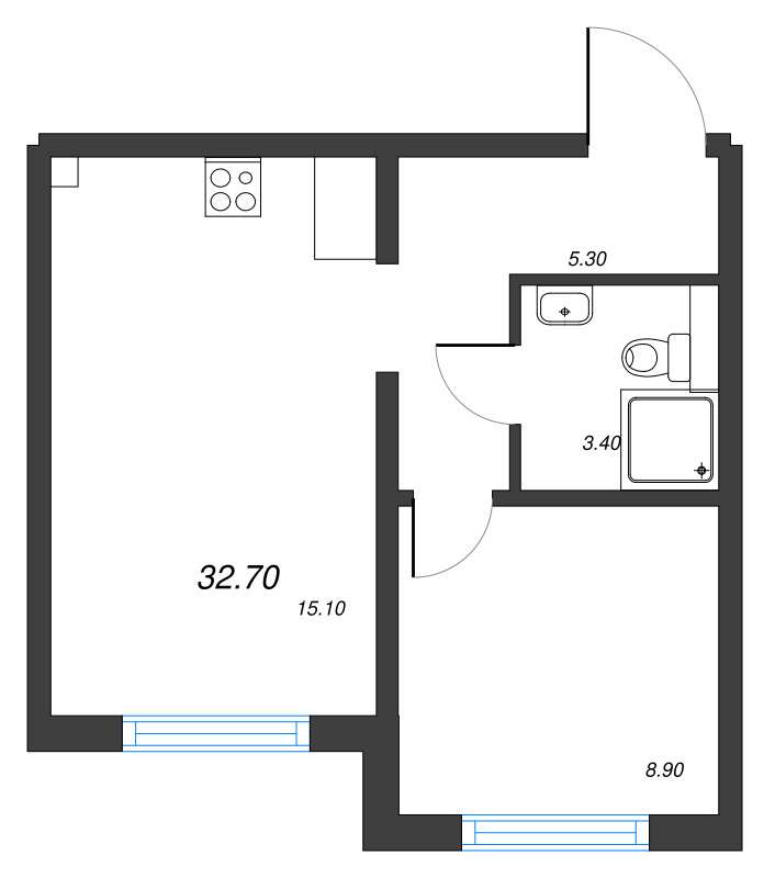 1-комнатная квартира, 32.7 м² - планировка, фото №1