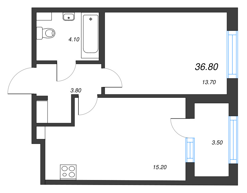 2-комнатная (Евро) квартира, 36.8 м² - планировка, фото №1