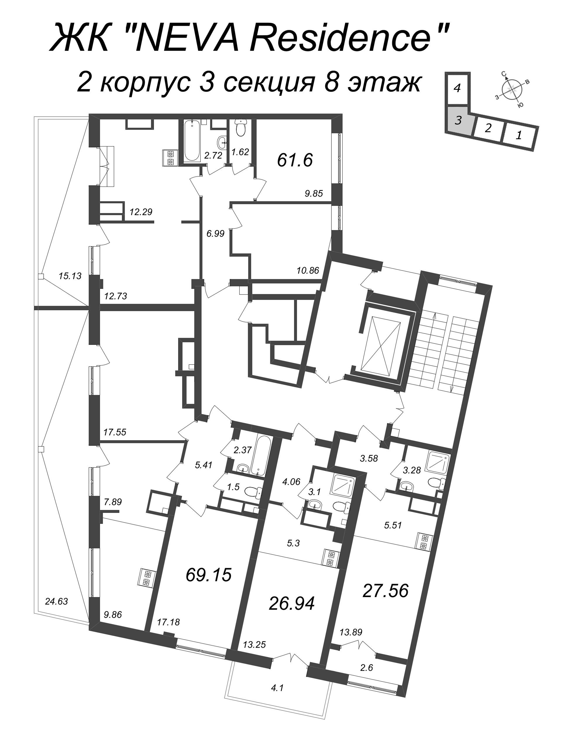 Квартира-студия, 26.94 м² в ЖК "Neva Residence" - планировка этажа