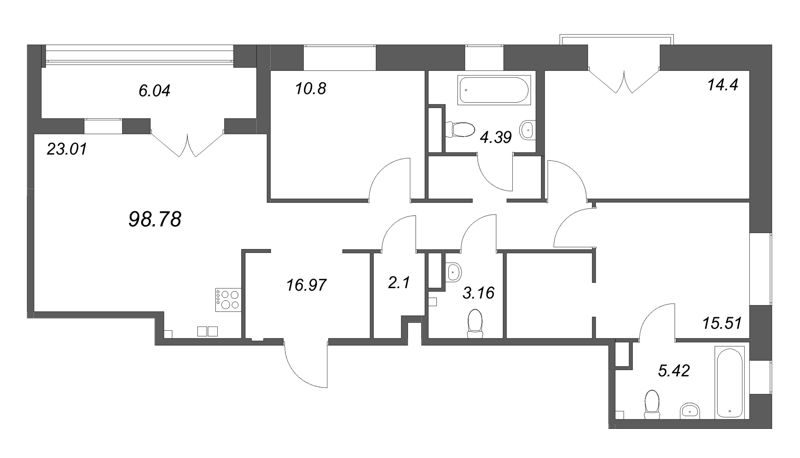 4-комнатная (Евро) квартира, 98.78 м² в ЖК "Ranta Residence" - планировка, фото №1