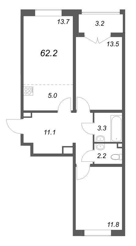 3-комнатная (Евро) квартира, 62.2 м² в ЖК "Пулково Lake" - планировка, фото №1