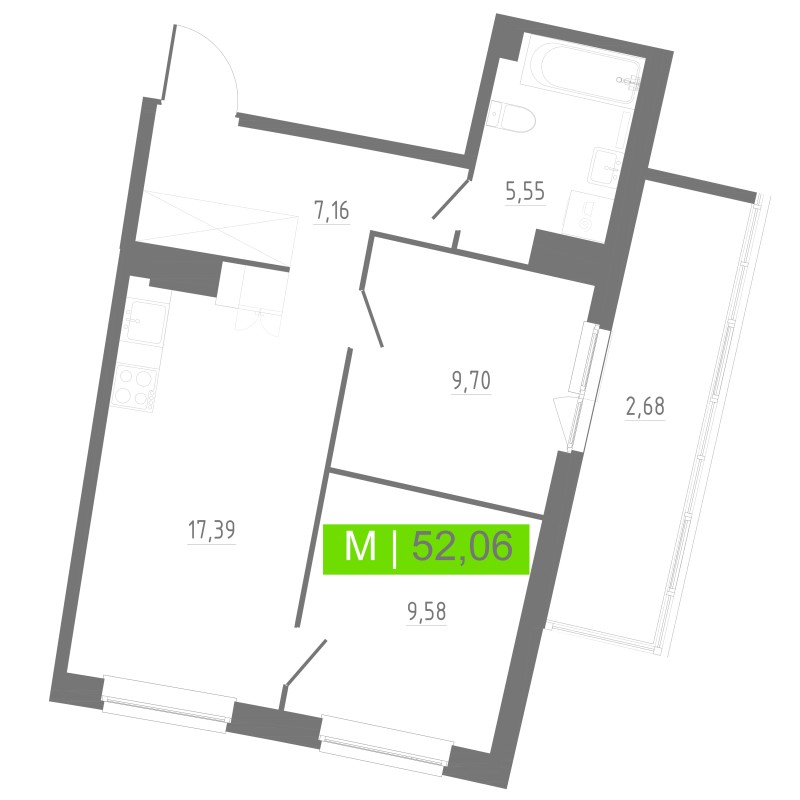 3-комнатная (Евро) квартира, 52.06 м² в ЖК "Аквилон РИВА" - планировка, фото №1