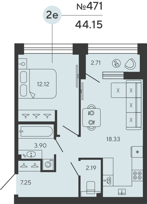 2-комнатная (Евро) квартира, 45.15 м² в ЖК "Bashni Element" - планировка, фото №1