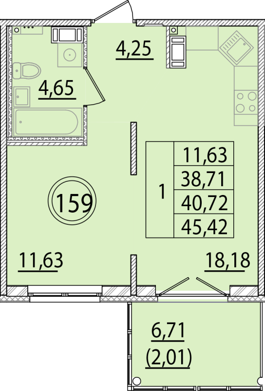 2-комнатная (Евро) квартира, 38.71 м² в ЖК "Образцовый квартал 15" - планировка, фото №1
