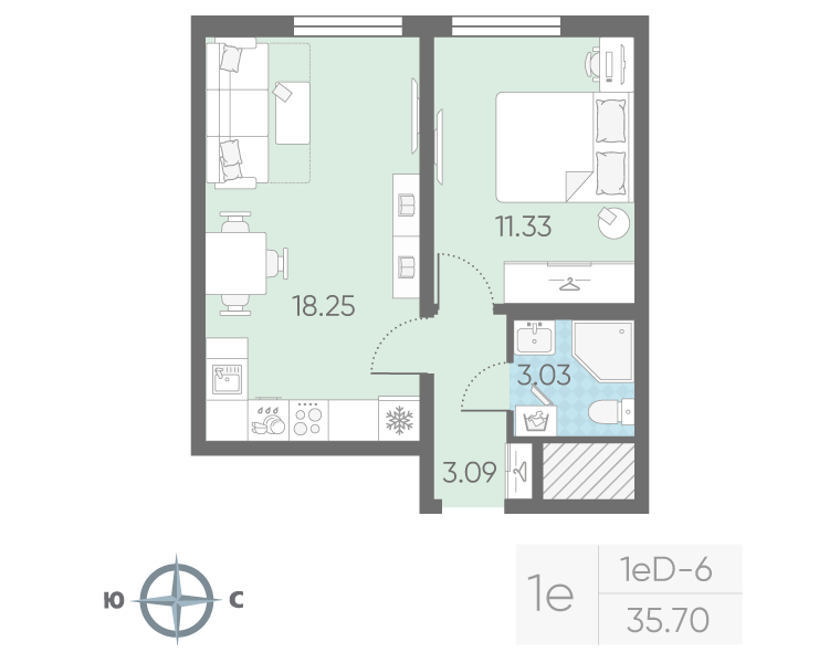 2-комнатная (Евро) квартира, 35.7 м² в ЖК "Морская миля" - планировка, фото №1