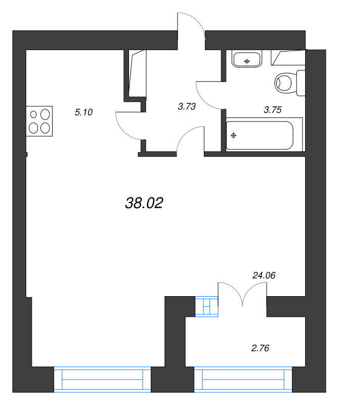 1-комнатная квартира, 40.5 м² - планировка, фото №1