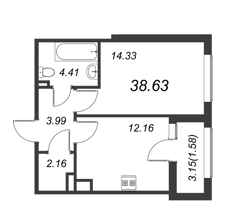 1-комнатная квартира, 38.7 м² в ЖК "FAMILIA" - планировка, фото №1